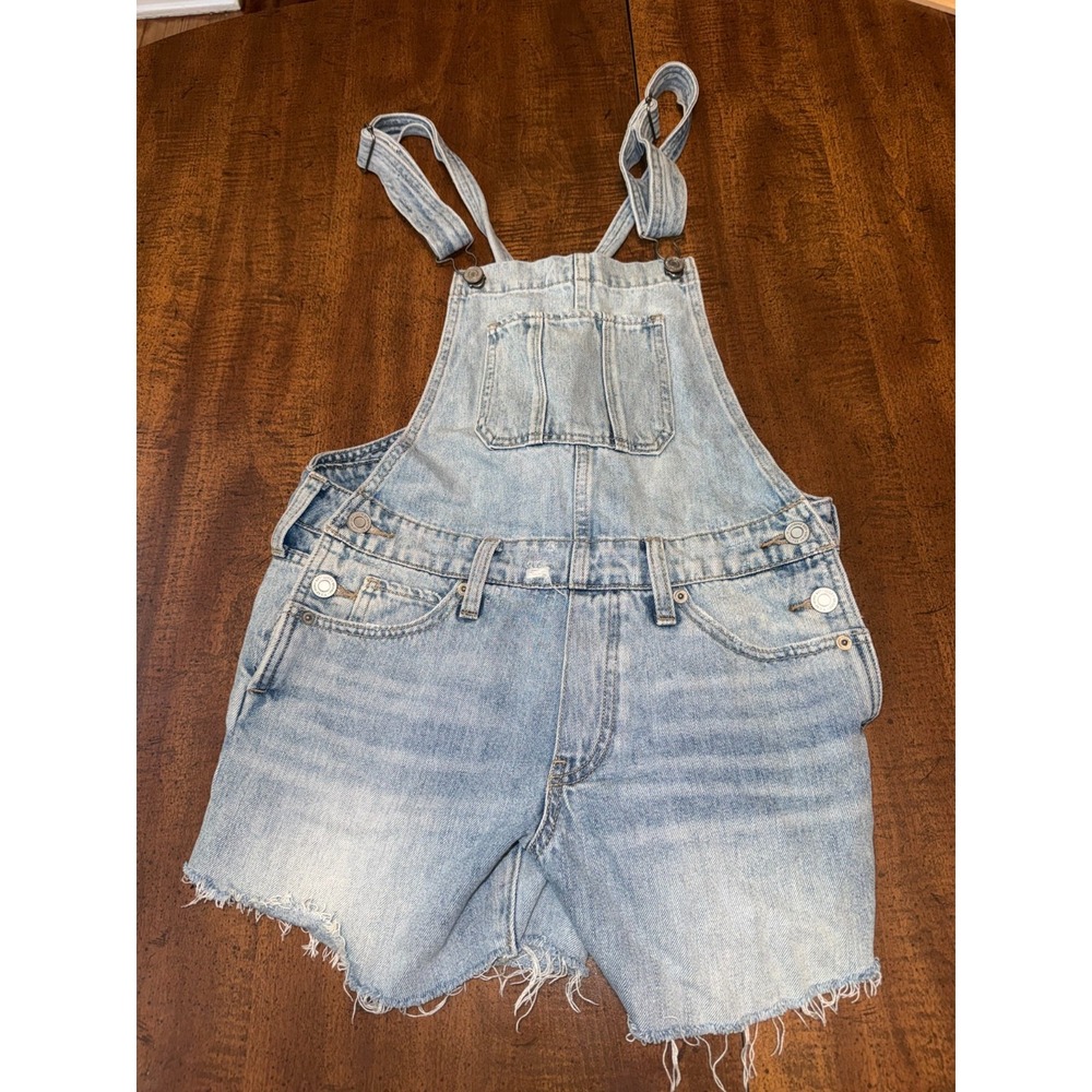 Lucky Brand XS Denim Shortall, Light Wash Raw Hem Overall Shorts